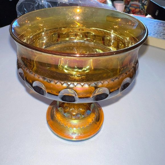 Indiana Amber Carnival Glass Kings Crown Thumbprint Compote Wedding Bowl VtG - Picture 2 of 6